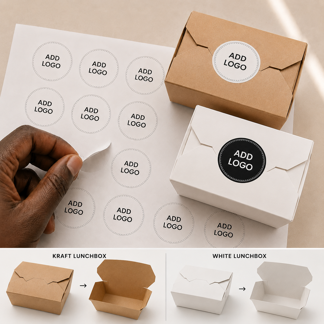 Kraft/White lunch boxes plus free branded stickers (100 pcs)