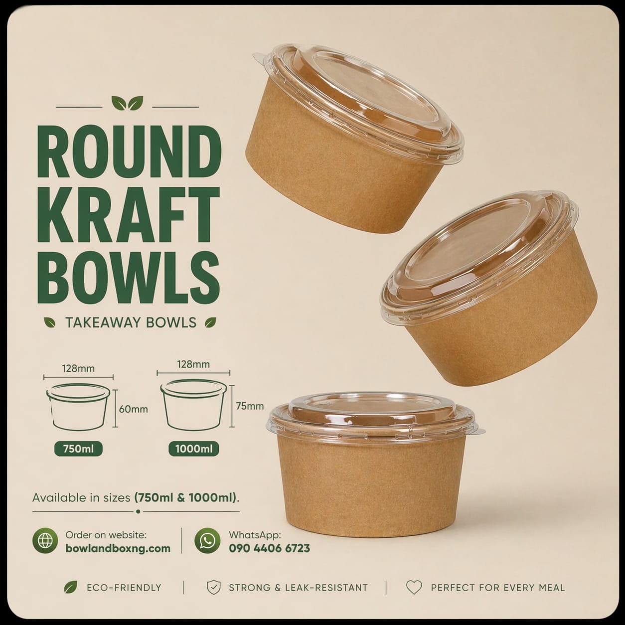 Kraft Takeaway bowl plus free branded stickers (100 pcs)